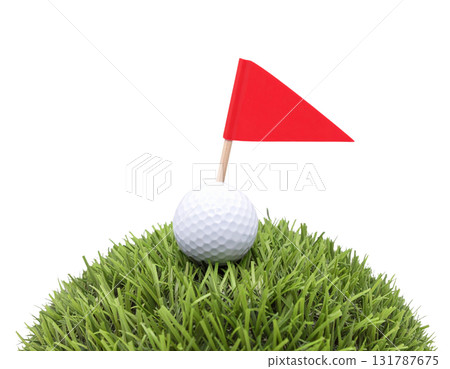 Illustration of a lush green golf course with flags and golf balls near holes on a white background. 131787675