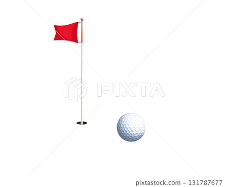 Illustration of a lush green golf course with flags and golf balls near holes on a white background. 131787677