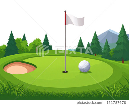 Illustration of a lush green golf course with flags and golf balls near holes on a white background. 131787678