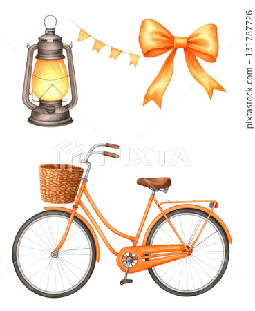 Watercolor bicycle with colorful flower basket as travel illustration on white background. Watercolor bicycle with colorful flower basket as travel illustration on white background. 131787726