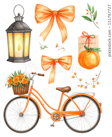 Watercolor bicycle with colorful flower basket as travel illustration on white background. Watercolor bicycle with colorful flower basket as travel illustration on white background. 131787727