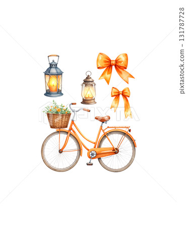 Watercolor bicycle with colorful flower basket as travel illustration on white background. Watercolor bicycle with colorful flower basket as travel illustration on white background. 131787728