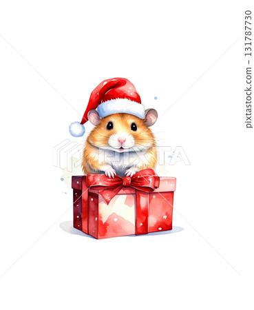 Mouse wearing a Santa hat with a watercolor gift box during Christmas. Mouse wearing a Santa hat with a watercolor gift box during Christmas. 131787730
