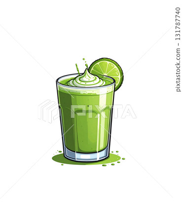 A glass of iced mint green tea with ice and fresh tea leaves on a white background. 131787740