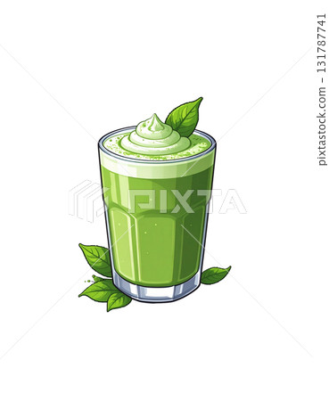 A glass of iced mint green tea with ice and fresh tea leaves on a white background. 131787741
