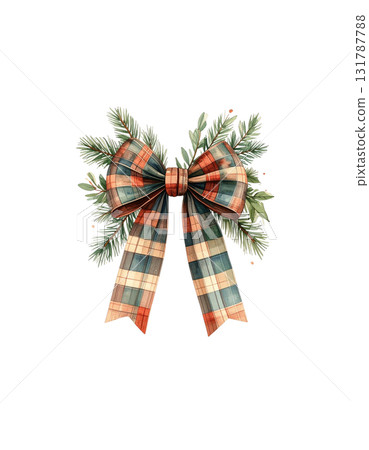 Gold bow and festive red ribbon on a Christmas tree branch against a white background 131787788