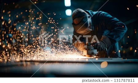 A skilled industrial worker wearing a safety helmet and gloves uses an angle grinder to cut metal, creating a dramatic shower of bright yellow sparks. AI Generated 131787811