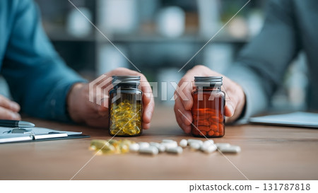 Two hands hold different bottles of pills, comparing yellow softgel capsules and red tablets, symbolizing choice between premium and budget supplements. AI Generated Two hands hold different bottles of pills, comparing yellow softgel capsules and red tablets, symbolizing choice between premium and budget supplements. AI Generated 131787818