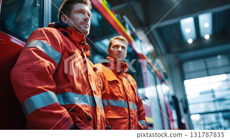 Two serious, brave firefighters in protective gear stand ready next to their red fire truck inside the station bay, embodying professionalism and emergency response.  AI Generated 131787835