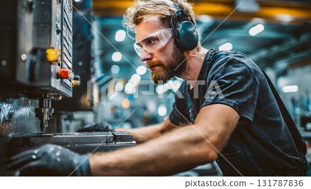 A focused male technician operates a modern CNC machine in a factory, wearing required safety glasses and headphones for industrial precision work. AI Generated 131787836