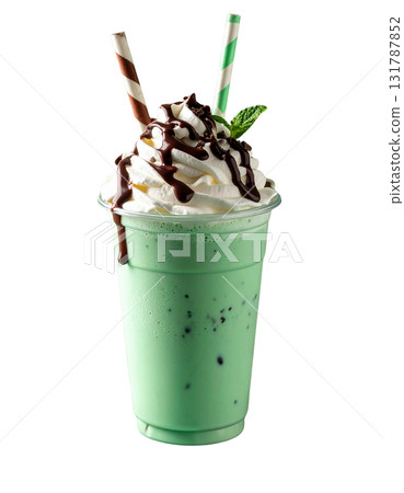 Green tea in a disposable glass on a white background 131787852