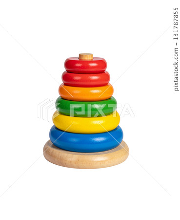 A colorful wooden pyramid stacking toy with rings for baby on a white background A colorful wooden pyramid stacking toy with rings for baby on a white background 131787855