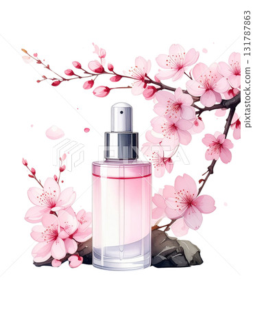 Pink cherry blossom branch with beautiful flowers isolated object for skin care products on white background Pink cherry blossom branch with beautiful flowers isolated object for skin care products on white background 131787863