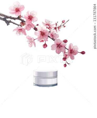 Pink cherry blossom branch with beautiful flowers isolated object for skin care products on white background 131787864