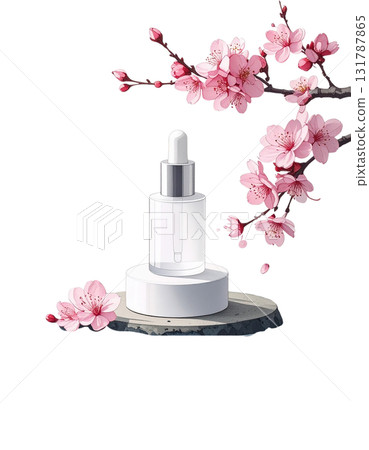 Pink cherry blossom branch with beautiful flowers isolated object for skin care products on white background 131787865