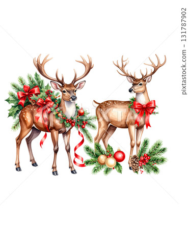Cute cartoon Christmas reindeer with red nose and festive ribbon on white background. 131787902