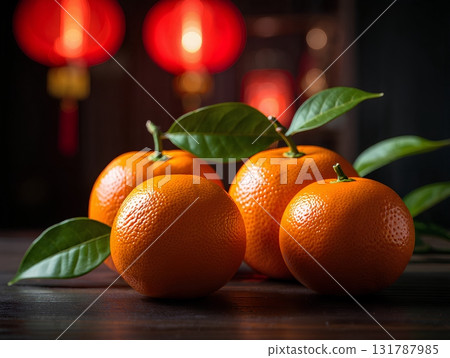 Lunar new year oranges and red paper lanterns, traditional symbols of prosperity and good luck for chinese new year 131787985