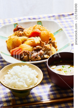 Nikujaga set meal, Japanese home-style meal, with rice and miso soup 131788490