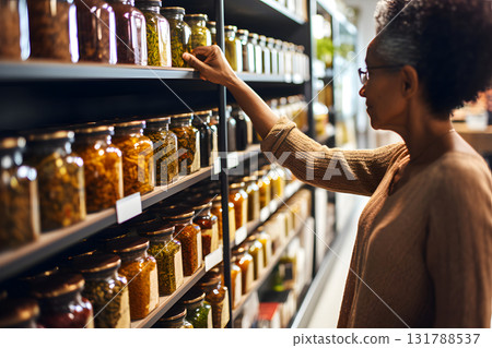 senior African American woman choosing a product in a grocery store. Neural network generated photorealistic image 131788537
