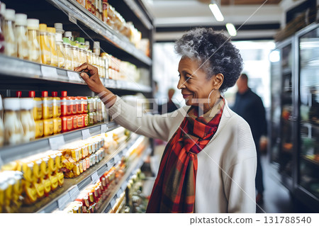 senior African American woman choosing a product in a grocery store. Neural network generated photorealistic image 131788540