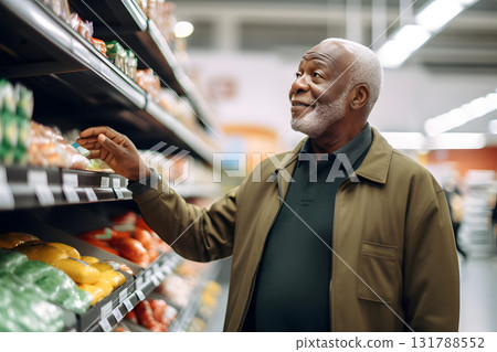senior African American man choosing a product in a grocery store. Neural network generated photorealistic image 131788552