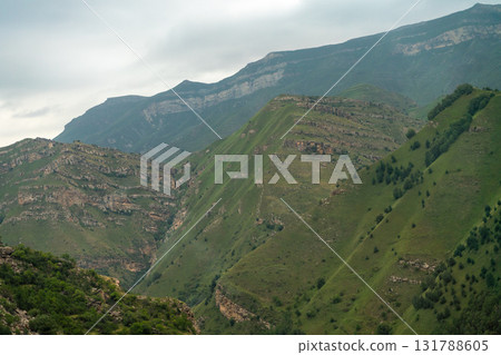 Caucasian mountain. Dagestan. Trees, rocks, mountains, view of the green mountains. Beautiful summer landscape. Caucasian mountain. Dagestan. Trees, rocks, mountains, view of the green mountains. Beautiful summer landscape. 131788605