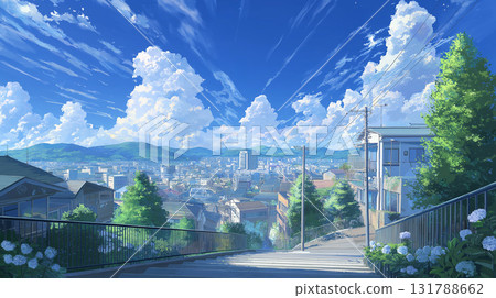 動漫風格背景：從樓梯俯瞰的住宅區 131788662