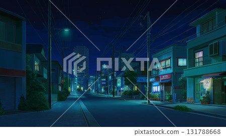 動漫風格背景：夜晚安靜的住宅區 131788668