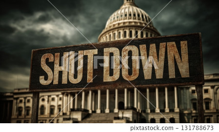Symbolic Image of Government Shutdown with Capitol and Stormy Skies 131788673