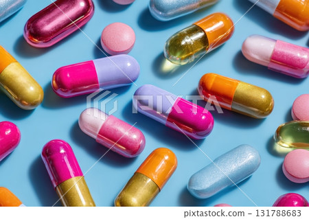 Colorful Pills and Capsules on Blue Background with Copy Space 131788683
