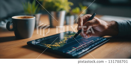 Young Adult Analyzing Financial Trends on Tablet with Stylus at Minimalist Desk 131788701