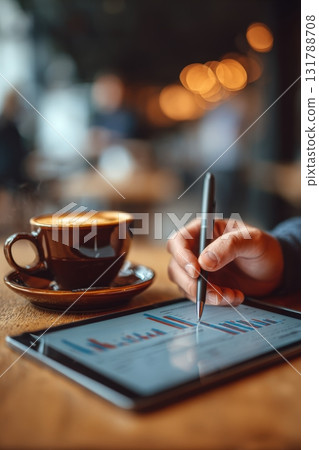 Freelancer Analyzing Financial Dashboard on Tablet in Cozy Cafe Setting 131788708