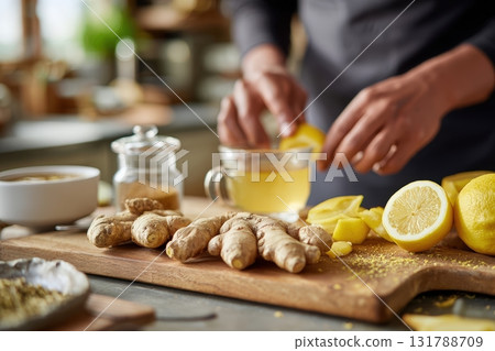 Preparing Fresh Ginger Tea with Lemon in a Bright Kitchen Setting 131788709
