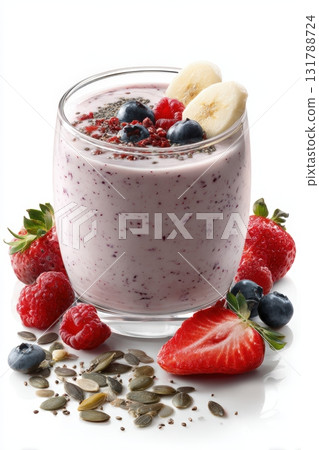 Immune-Boosting Berry Banana Yogurt Smoothie with Fresh Fruit and Seeds 131788724