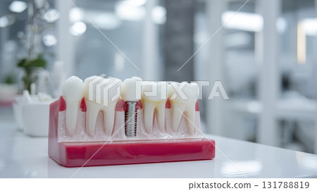 Dental Model Showing Tooth Decay and Implant in Modern Office Setting 131788819