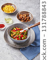 Quinoa with green beans, tomatoes, fried champignons, corn, red bell peppers, peas and soybeans. Healthy Vegetable Mix 131788843
