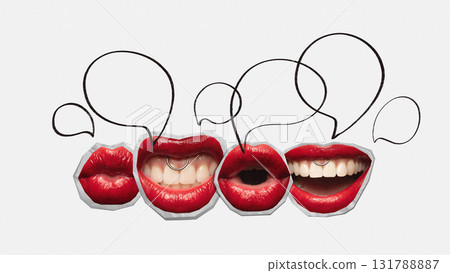 Lips collage connected by drawn speech bubbles on white background Lips collage connected by drawn speech bubbles on white background 131788887