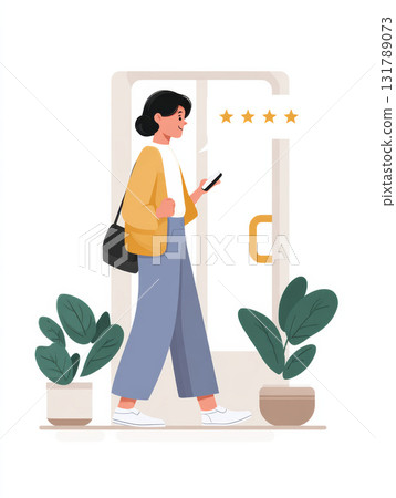 Satisfied customer woman leaving positive five star review on smartphone. Happy female giving feedback for good service experience while walking out door Satisfied customer woman leaving positive five star review on smartphone. Happy female giving feedback for good service experience while walking out door 131789073