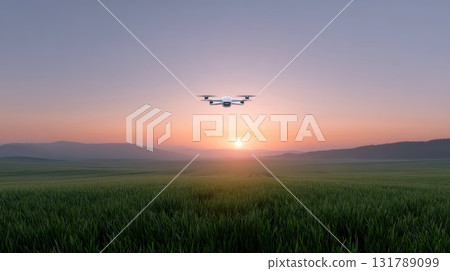 Peaceful agricultural drone scanning vast green field at sunrise. Modern technology offers hopeful future for farming, agriculture, and smart farm innovation over serene landscape 131789099
