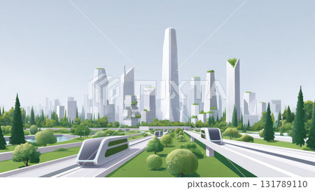 Futuristic city with autonomous public transport moving through green utopia. An eco friendly cityscape with sustainable urban architecture and hopeful vision of future innovation Futuristic city with autonomous public transport moving through green utopia. An eco friendly cityscape with sustainable urban architecture and hopeful vision of future innovation 131789110