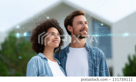 Happy young couple looking at new house together, dreaming about future home. man and woman smiling with love, excited about their property and relationship goal Happy young couple looking at new house together, dreaming about future home. man and woman smiling with love, excited about their property and relationship goal 131789111