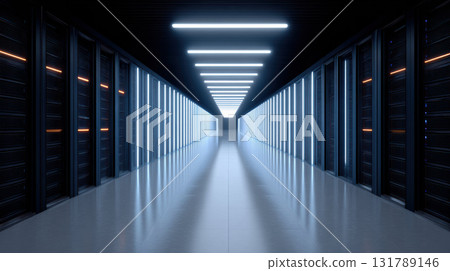 Powerful supercomputer processing massive data in futuristic server room. An impressive perspective view of data center hallway with glowing blue neon light and high tech racks 131789146