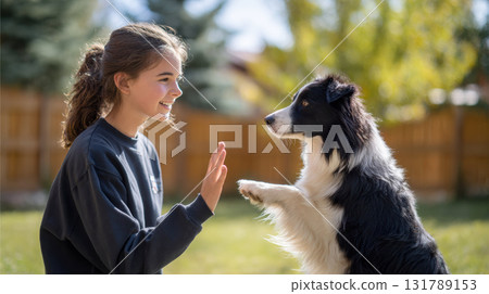 Happy teenager teaching Border Collie dog new trick. Young girl giving high five to clever canine friend outdoors in sunny backyard, showing friendship and trust 131789153
