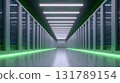 Wide shot of modern, futuristic data center corridor. Server racks for network hosting and technology create powerful, sustainable system with green reflective lights 131789154
