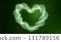 Serene, glowing green heart symbol made of soft smoke or light. abstract and ethereal shape on dark background represents pure love, health, nature, and peaceful emotion 131789156