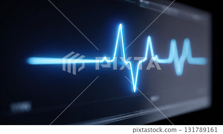 Close up on modern medical monitor shows vital blue heartbeat line. glowing EKG display represents critical cardiology, tense pulse, and urgent healthcare technology 131789161