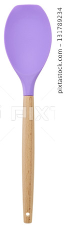 Purple silicone spatula with wooden handle on white background 131789234
