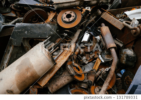 Pile of Rusty Metal Scrap from Disassembled Machinery 131789331
