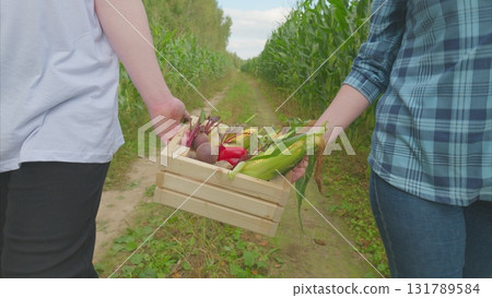 Together in the field, we joyfully harvest fresh vegetables, creating memories and connections 131789584