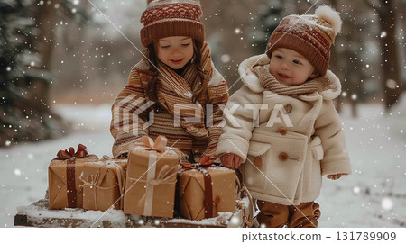 Two little girls in warm winter clothes standing with Christmas gifts on snowy street 131789909